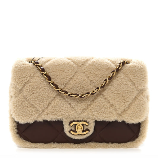 Shearling Lambskin Quilted Furry Coco Flap Dark Brown Beige