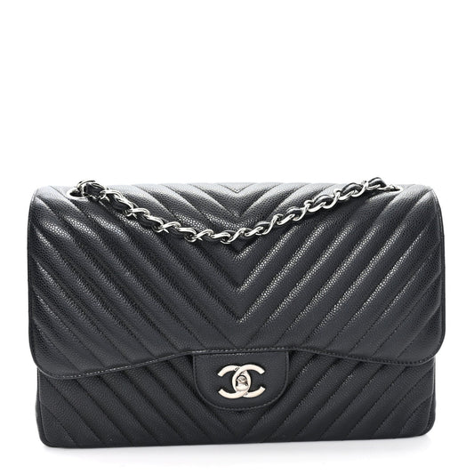 Caviar Chevron Quilted Jumbo Double Flap Black