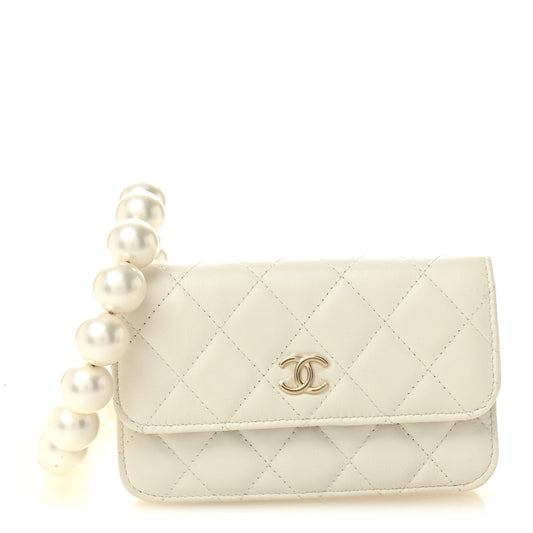 Calfskin Quilted Mini Maxi Pearls Wallet On Chain WOC White