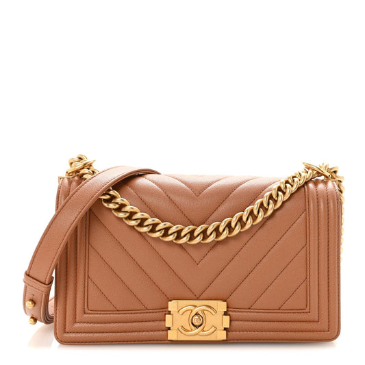 Caviar Chevron Quilted Medium Boy Flap Brown