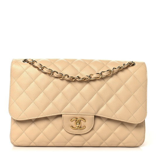 Caviar Quilted Jumbo Double Flap Beige Clair