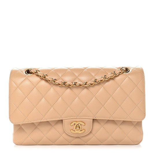 Caviar Quilted Medium Double Flap Beige