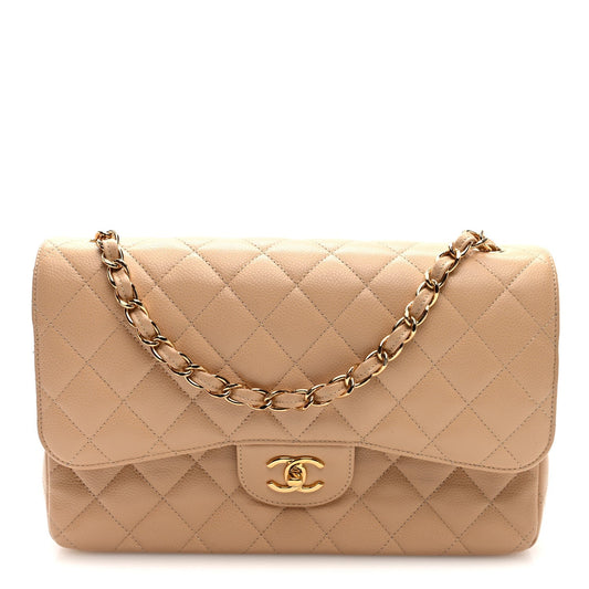Caviar Quilted Jumbo Double Flap Light Beige