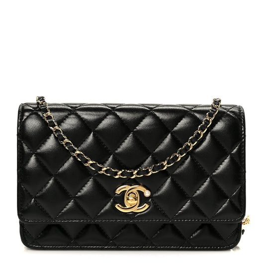 Shiny Lambskin Quilted CC Pearl Wallet on Chain WOC Black