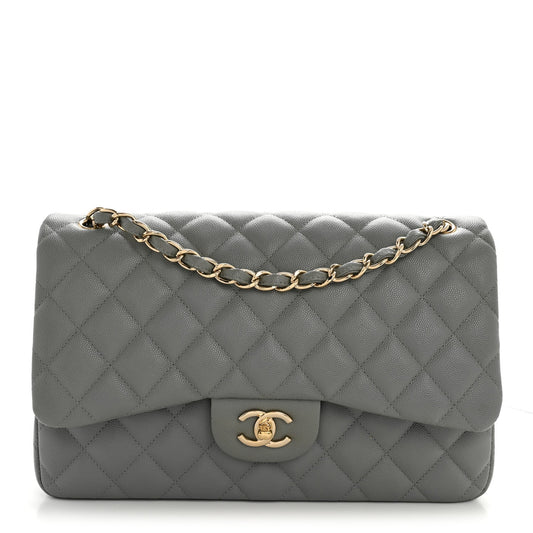 Caviar Quilted Jumbo Double Flap Grey