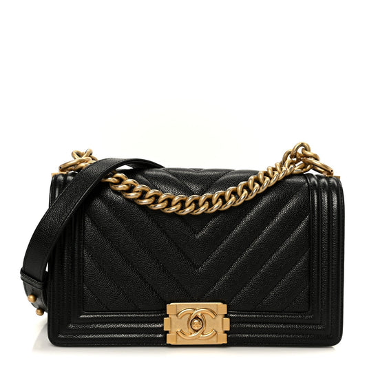 Caviar Chevron Quilted Medium Boy Flap Black