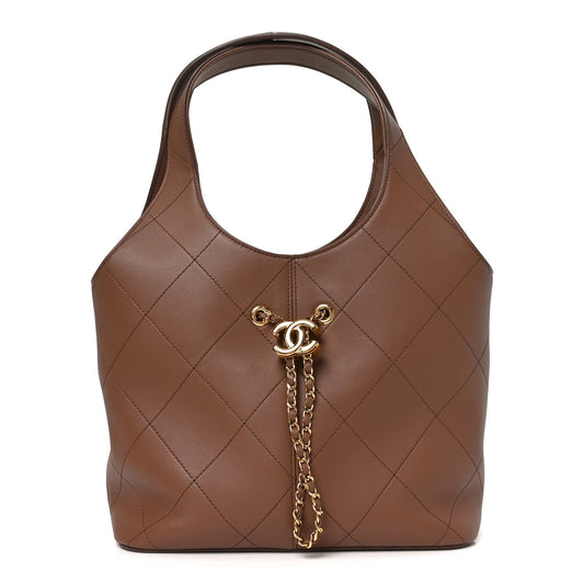 Calfskin Quilted Small Shopping Bag Brown
