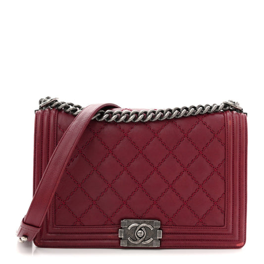Calfskin Quilted Double Stitch New Medium Boy Flap Burgundy