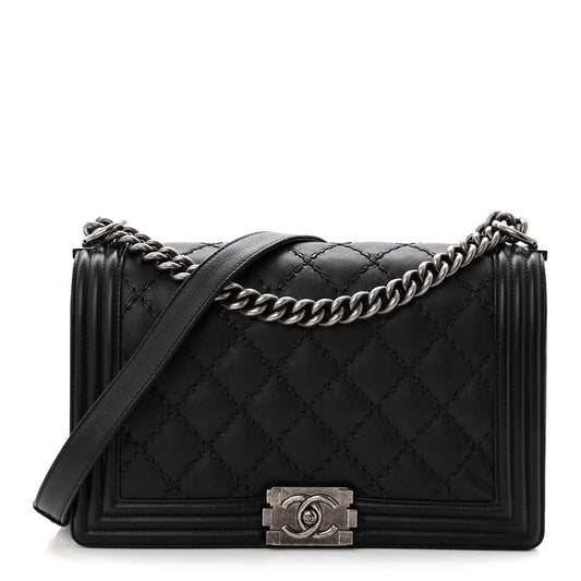 Calfskin Quilted Double Stitched New Medium Boy Flap Black