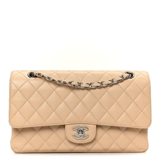 Caviar Quilted Medium Double Flap Beige