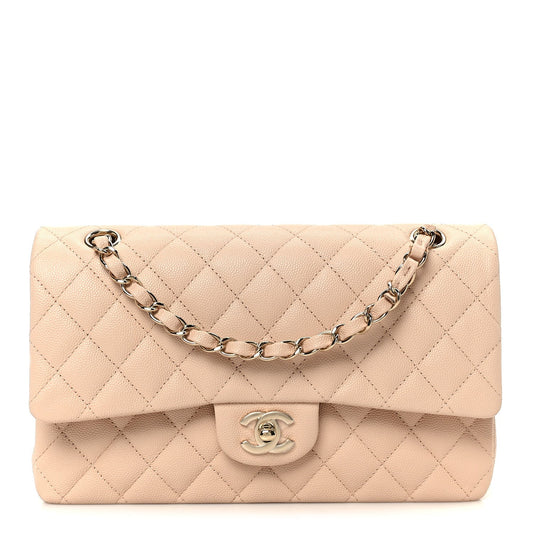 Caviar Quilted Medium Double Flap Light Beige