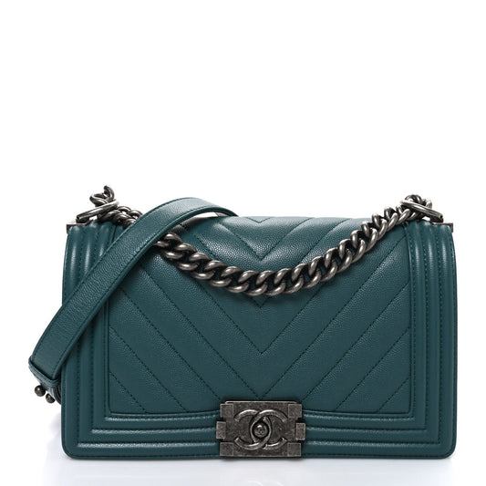 Caviar Chevron Quilted Medium Boy Flap Green