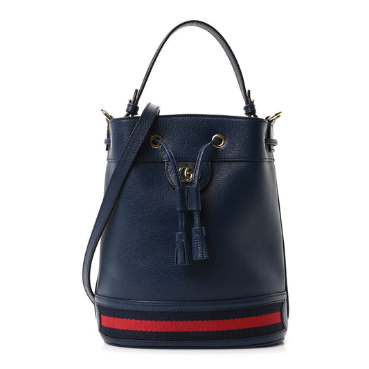 Soft Textured Calfskin Web Small Ophidia Bucket Bag Blue Agata
