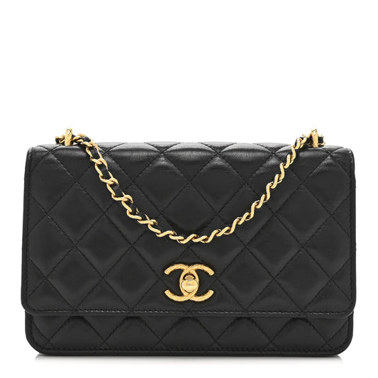 Shiny Lambskin Quilted Dynasty Wallet On Chain WOC Black