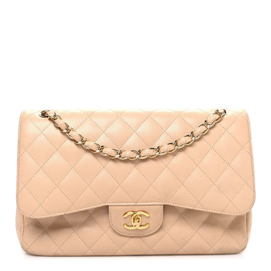 Caviar Quilted Jumbo Double Flap Beige Clair