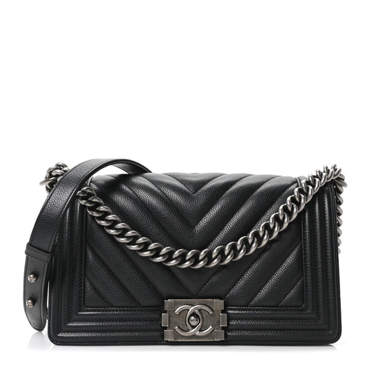Caviar Chevron Quilted Medium Boy Flap Black