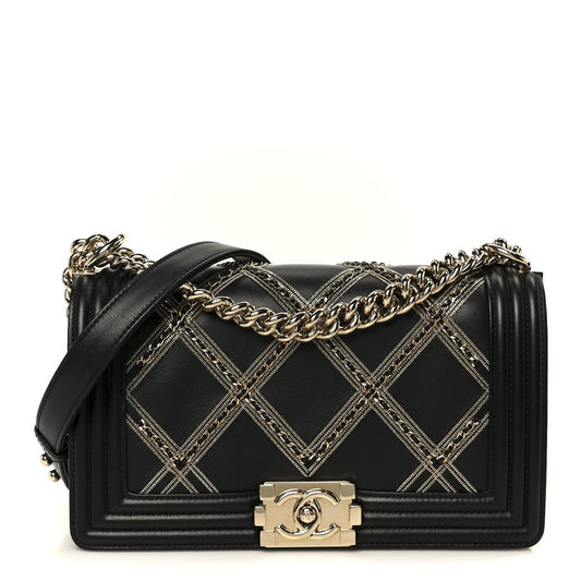 Calfskin Quilted Medium Chain Detail Boy Flap Black