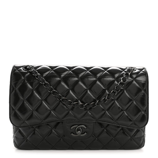Shiny Crumpled Calfskin Quilted Jumbo Double Flap So Black