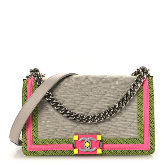 Canvas Quilted Medium Fluo Boy Flap Dark Grey Fuchsia Green