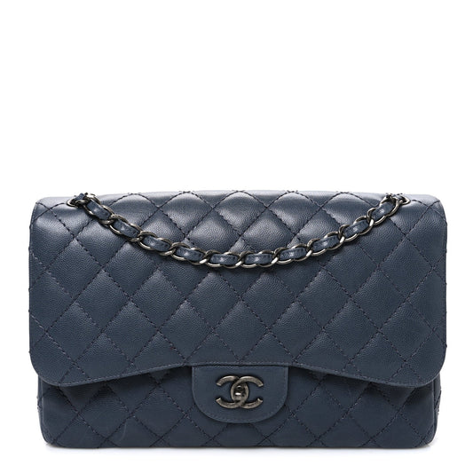 Caviar Quilted Jumbo Double Flap Dark Grey