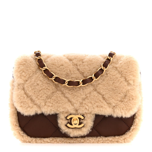 Shearling Lambskin Quilted Mini Furry Coco Flap Beige Brown