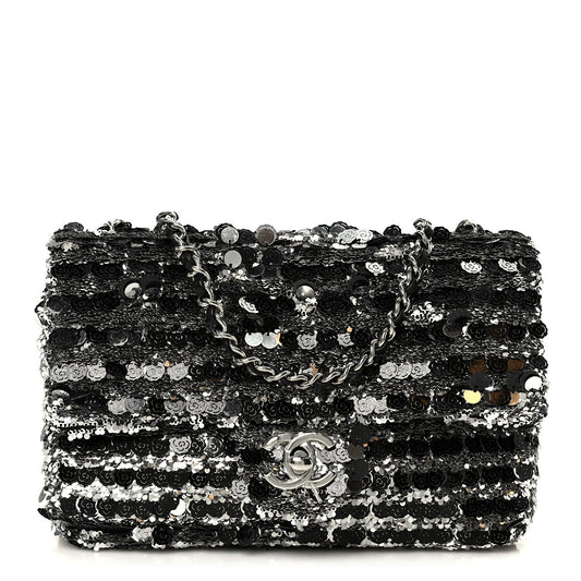 Sequin Camellia Small Single Flap Silver Black