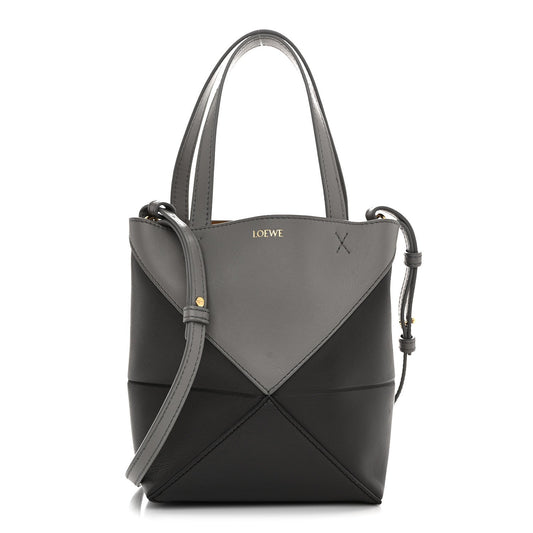 Shiny Calfskin Mini Puzzle Fold Tote Pearl Grey Dark Grey