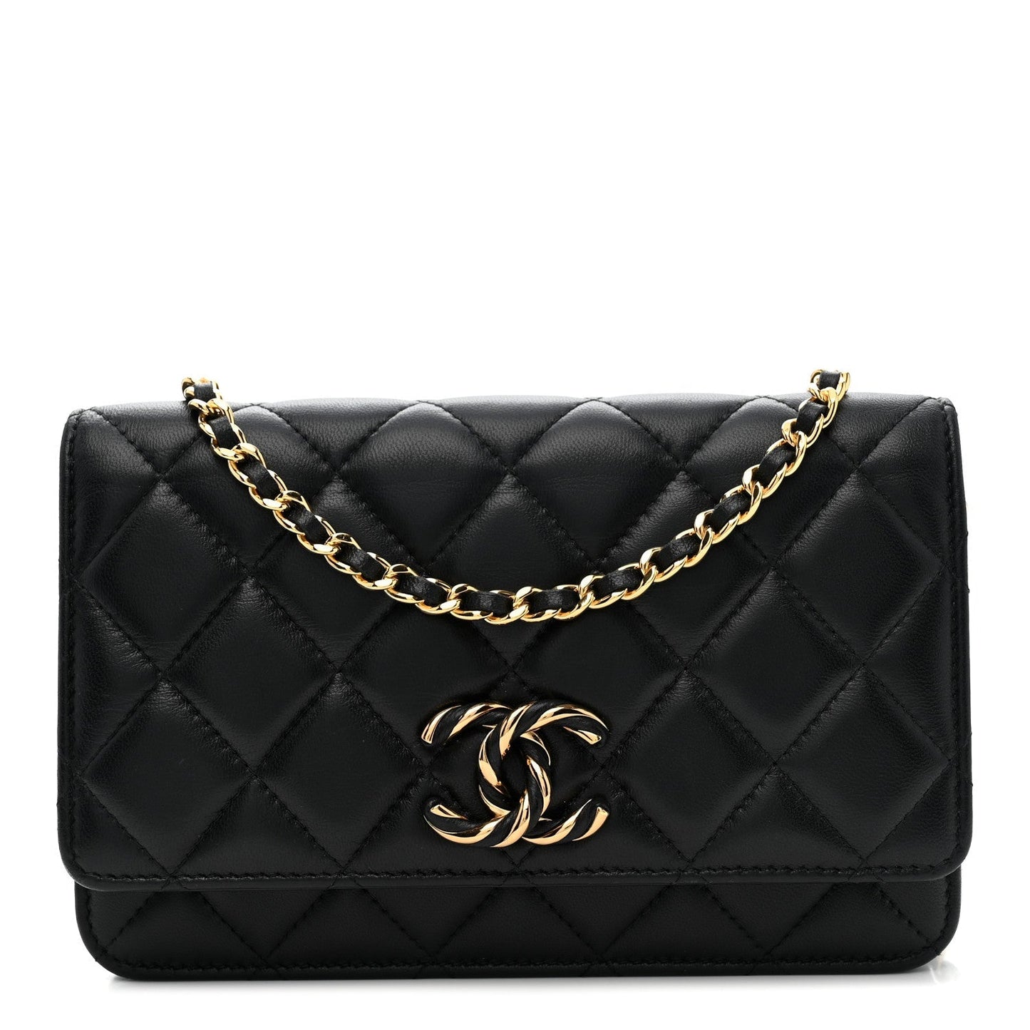Lambskin Quilted Twisted CC Wallet On Chain WOC Black