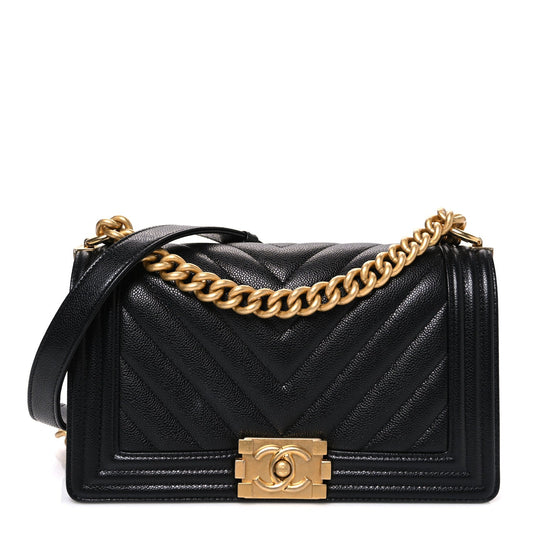 Caviar Chevron Quilted Medium Boy Flap Black