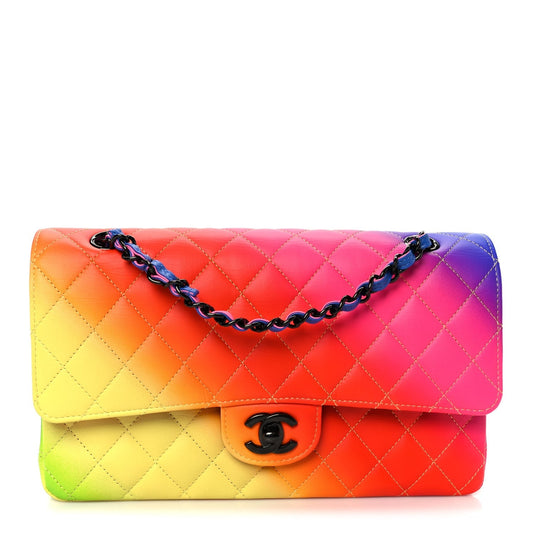 Calfskin Quilted Medium Rainbow Double Flap Multicolor