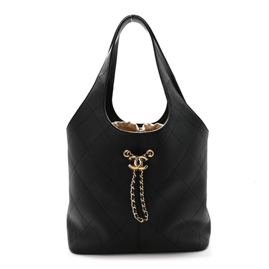 Calfskin Quilted Large Shopping Bag Black