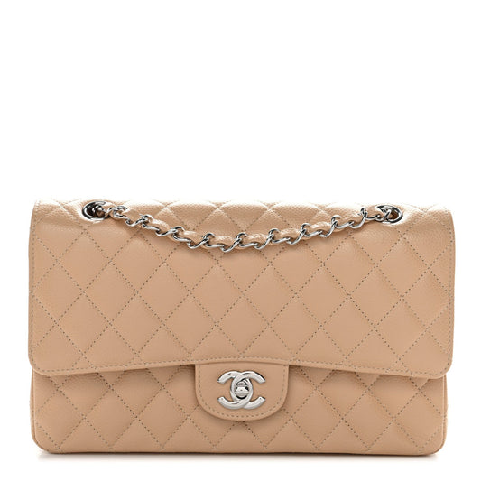 Caviar Quilted Medium Double Flap Beige