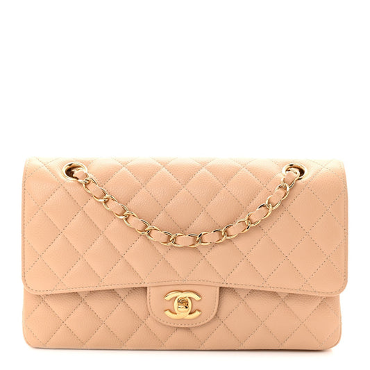 Caviar Quilted Medium Double Flap Beige