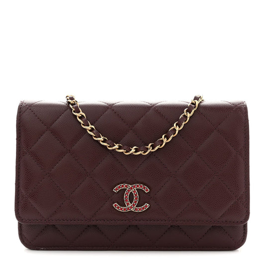 Shiny Caviar Quilted Strass Wallet On Chain WOC Bordeaux